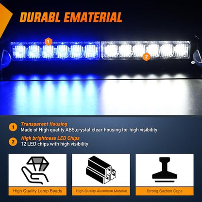 Nilight 12LED Traffic Advisor Strobe Light Bar Blue White Emergency Warning Hazard Safety Dash Front/Rear Windshield Flashing Lights for Cars Trucks Police Firefighter Plow Construction Vehicles - color: Blue White