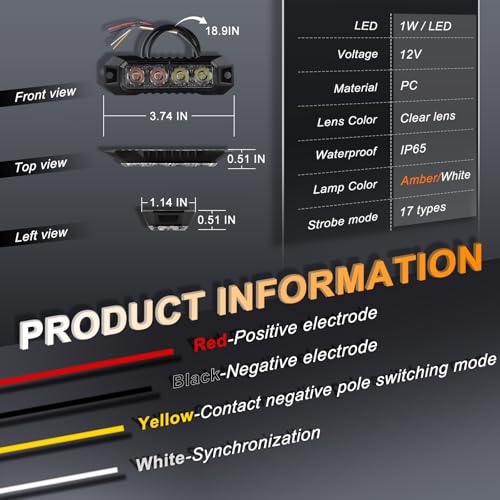 4PCS LED Emergency Strobe Lights 4 LED Amber White Surface Mount Flashing Lights Emergency Strobe Grille Beacon Hazard Warning Lights for Trucks Car Vehicles Trailer ATV RV SUV Tow 12V-24V - color: Amber/White