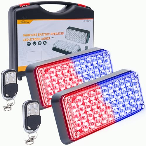 BooYu Red/Blue Magnetic Flashing Strobe Light/w Controller, Battery Operated Rechargeable LED Safety Lights, Portable Emergency Warning Light Bar for Police Car, Fire Trucks Vehicles 2-Pcs - color: 2pcs Blue/Red