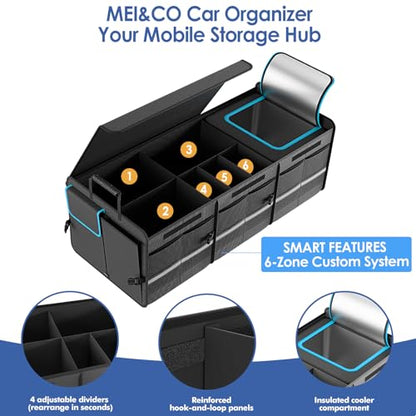 MEI&CO Car Trunk Organizer - 2.5mm PP Board Built, 35L Leakproof Cooler, 105L Capacity, 2 Tie-Down Straps, 4 Adjustable Dividers, Foldable Design for SUVs, Trucks, and Cars - color: BLUE