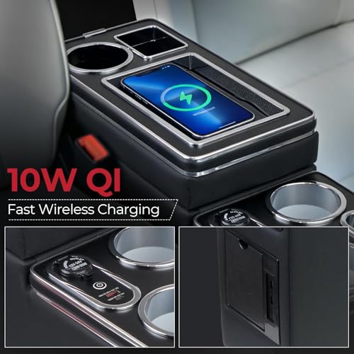 Center Console Between Seat Organizer for Minivans & SUVs - with Wireless Charging Pad, Blue LED Ambient Light, Phone Holder & Cup Holders, Middle Van Floor Console Storage Box (Black)
