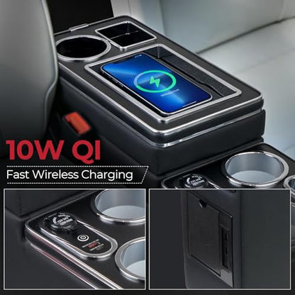 Center Console Between Seat Organizer for Minivans & SUVs - with Wireless Charging Pad, Blue LED Ambient Light, Phone Holder & Cup Holders, Middle Van Floor Console Storage Box (Black)