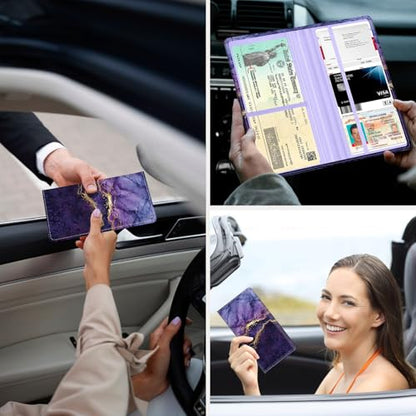 Car Registration and Insurance Holder，Colour Patterns Men Women Car License Document Registration and Insurance Card Holder - color: Purple Marble