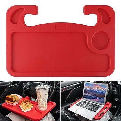 JUSTTOP Car Steering Wheel Desk, Red (ABS, Rectangular), Multipurpose Travel Tray for Eating, Laptop, Tablet, iPad, Cup Holder, Compatible with Most Cars - color: Red