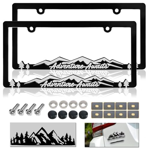 Mountain License Plate Frames - Plastic Car Tag Holders with Raised Mountain Design, 2 Pack 2 Hole with Screws & Caps, Mountain Vinyl Sticker Included (White-Embossed) - color: White-Embossed