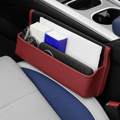 Car Seat Gap Filler Organizer with Lid, Universal Leather Auto Front Seat Storage Box, Adjustable Car Center Console Side Pocket for Phones, Keys, Glasses, Cards, No Seat Belt Block(Burgundy) - color: Burgundy