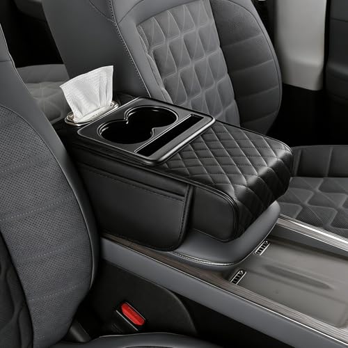 Multifunctional Pu Leather Car Armrest Box Mat, 2026 New Center Console Cover with Cup Holder, Storage Bags, Tissue Boxs Slot, Phone Slot Car Armrest Storage Box Organizer for Most Cars