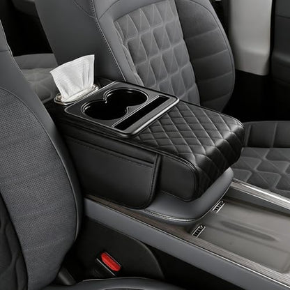 Multifunctional Pu Leather Car Armrest Box Mat, 2026 New Center Console Cover with Cup Holder, Storage Bags, Tissue Boxs Slot, Phone Slot Car Armrest Storage Box Organizer for Most Cars