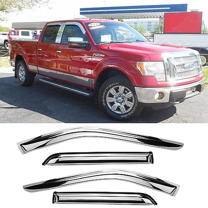94155Y Chrome Side Window Visor Wind Vent Deflector,4pc Outside Mount Style Shade Sun Rain Guards Set fit for 2009-2014 ford F150 Supercrew/Crew cab with 4 Full Size Doors - size: 4pcs 09-14 SuperCrew Cab(Chrome)
