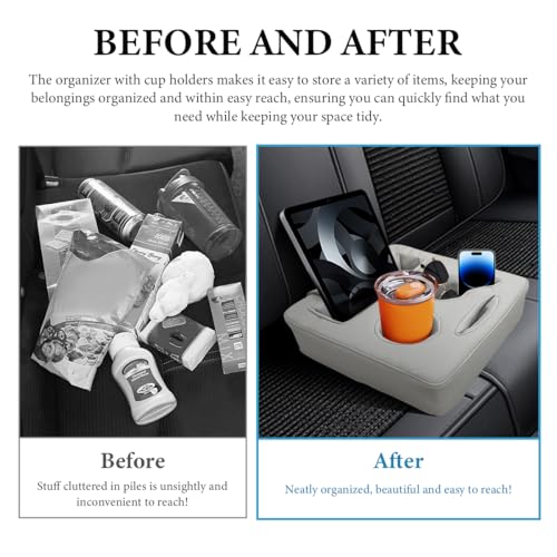 Car Back Seat Organizer, Leather Automotive Rear Seat Couch Cup Holder Expander Tray, Vehicle Cup Holder Tray Holds Snacks Remotes Phones for Truck RV Boat Couch Pillow Bed (Gray) - color: Gray