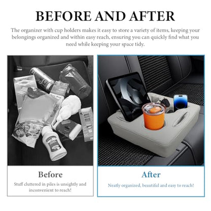 Car Back Seat Organizer, Leather Automotive Rear Seat Couch Cup Holder Expander Tray, Vehicle Cup Holder Tray Holds Snacks Remotes Phones for Truck RV Boat Couch Pillow Bed (Gray) - color: Gray