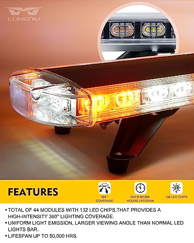 LUMENIX 48 Inch LED Rooftop Emergency Strobe Lights Bar w/Adjustable Mounting Brackets, Warning Caution Security Lightbar for Construction Vehicles Law Enforcement Snowplow Tow Trucks - White Amber - color: White Amber