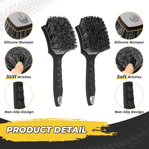 Wheel and Tire Brush Detailing Kit, Soft Rim Brush & Stiff Tire Brush with Silicone Bumper Guard, Non-Slip Ergonomic Handle Car Wash Set for Alloy Wheels, Fenders, Mats - color: BLACK gray