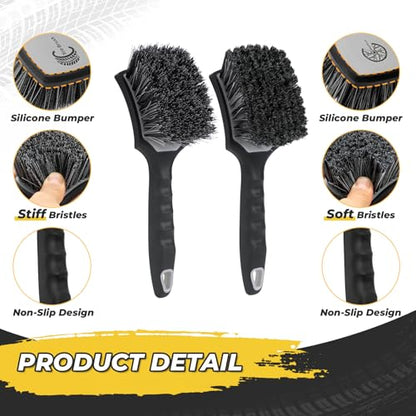 Wheel and Tire Brush Detailing Kit, Soft Rim Brush & Stiff Tire Brush with Silicone Bumper Guard, Non-Slip Ergonomic Handle Car Wash Set for Alloy Wheels, Fenders, Mats - color: BLACK gray