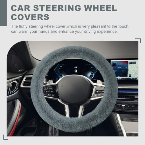 5PCS Fluffy Car Steering Wheel Cover Set, Includes Faux Fur Gear Shift Cover & Handbrake Cover & Steering Wheel Protector & 2 Seat Belt Shoulder Pads, Winter Fuzzy Warm Car Accessories (Grey) - color: Grey
