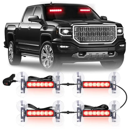 4X 6.1 inch Emergency Strobe Lights Red 24 LED Waterproof Hazard Warning Flashing Safety Dash Front/Rear/Side Windshield Lights for Volunteer Firefighter Vehicles POV Trucks - color: Red
