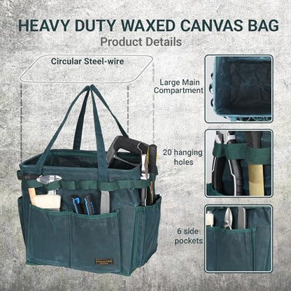 Collapsible Waxed Canvas Tool Pouch with 23 Hanging Holes - Reusable Grocery Bags with Handles for Garden/Camping/Tools/Car Trunk Storage, 14" x 13" x 10" | Dark Green - color: DarkGreen