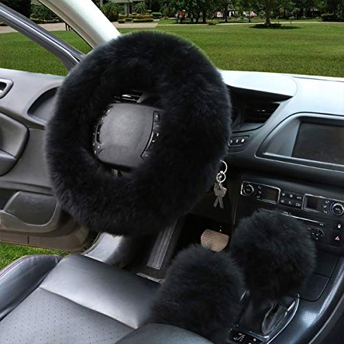 1 Set 3 Pcs Car Steering Wheel Cover & Handbrake Cover & Gear Shift Cover Set Faux Wool Warm Winter (Black-3pcs) - color: Black-3pcs