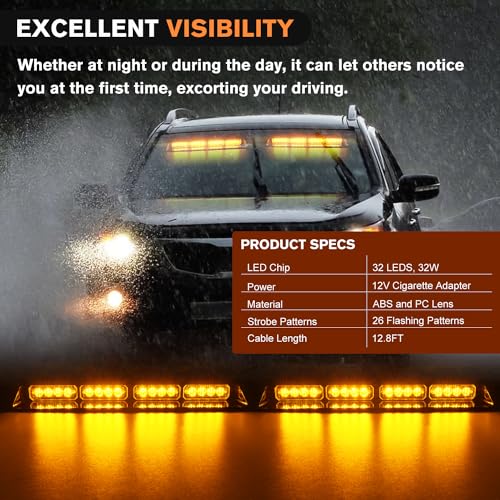 Nilight 32LED Amber Emergency Dash Strobe Lights with Controller Suction Cups Warning Hazard Interior Front/Rear Windshield Deck Split Light Bar for Trucks Construction Vehicles - color: Amber