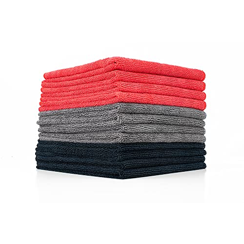 The Rag Company - All-Purpose Microfiber Terry Cleaning Towels - Commercial Grade, Highly Absorbent, Lint-Free, Streak-Free, Kitchens, Bathrooms, 300gsm, 16in x 16in, Red + Grey + Black (12-Pack) - color: Red, Grey, Black, size: 16in x 16in