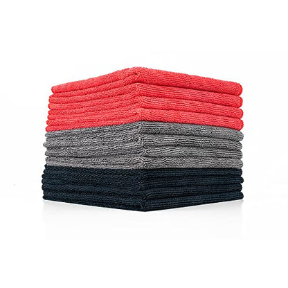 The Rag Company - All-Purpose Microfiber Terry Cleaning Towels - Commercial Grade, Highly Absorbent, Lint-Free, Streak-Free, Kitchens, Bathrooms, 300gsm, 16in x 16in, Red + Grey + Black (12-Pack) - color: Red, Grey, Black, size: 16in x 16in