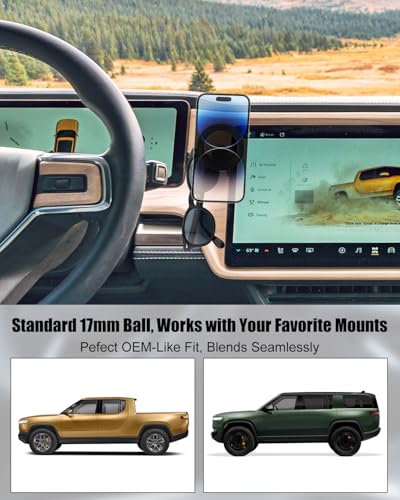 Magnetic Dashboard Phone Mount Fits for Rivian R1T Gen 1 & R1S 2022-2025, Driver Side No-Drill Anchored Mount with 17mm Ball, Built-In Sunglasses Hook, Compatible with MagSafe & Universal Mounts