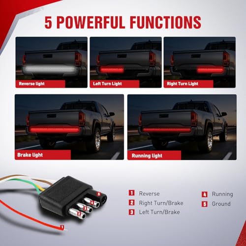 Nilight 60" Truck Tailgate Light Bar 108 LED Single Row Light Strip with Red Running Brake Lights Turn Signal White Reverse Light, 2 Years Warranty - color: 60" Tailgate Light Strip