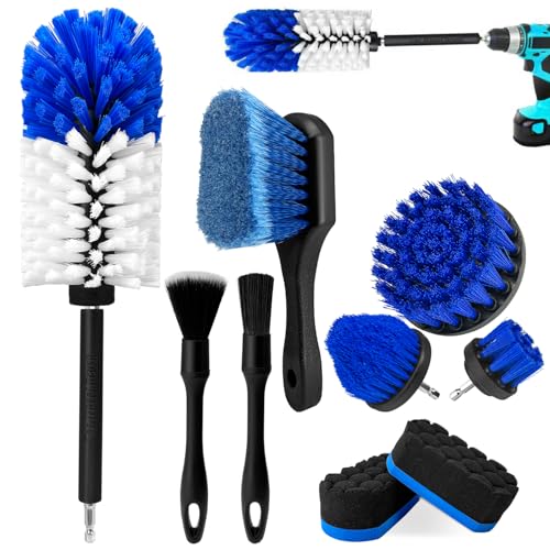 Wheel Brush Kit, Soft Drill Wheel Cleaner Brush, Tire Brush, Detailing Brush, and Detailing Pads, No Scratches Car Wheel Cleaning Kit for Wheels, Tire, Rims, Engines, Exhaust(Blue + White 9 Pk) - color: Blue + White 9 Pk