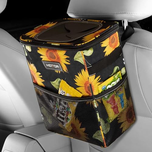 HOTOR Car Trash Can with Lid and Storage Pockets - 100% Leak-Proof Organizer, Waterproof Garbage Can, Multipurpose Trash Bin for Car, 2 Gallons, Sunflower - color: S1 Printed Sunflower, size: 2 Gallons