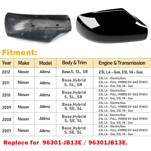 Moonlinks Mirror Cover Replacement Compatible With Nissan Altima 2.5L 2007 2008 2009 2010 2011 2012, Glossy Black Right Passenger Side Clip-on Mirror Cap WITHOUT Turn Signal, Replace for 96301-JB13E - color: Right Black