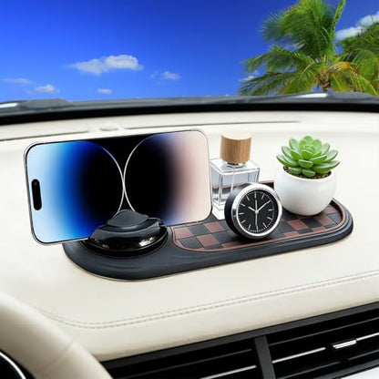 Car Dash Anti-Slip Pad, 3-in-1 Rotatable Dash Non-Slip Mat with Phone Holder & Temporary Parking Number, Multifunctional Dashboard Grip Mat for Key Gadgets, Universal Fit (Brown/Black) - color: Brown/Black