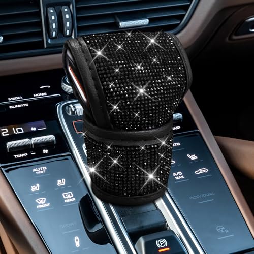 Crystal Auto Gear Shift Cover Bling Car Accessories, Shift Knob Cover, Leather Car Knob Gear Stick Protector with Rhinestones, Auto Diamond Shifter Lever Protector for Most Vehicles (Black) - color: Black