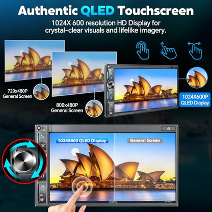 SJoyBring 7" Double Din Car Stereo with Wireless Apple CarPlay & Android Auto, QLED Touchscreen, Bluetooth, Backup Camera, 4.2-CHN Audio, 2 Subwoofer Outputs, AM/FM Car Radio
