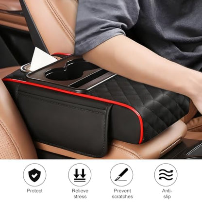 Car Armrest Cushion, 5-in-1 Nappa Leather Vehicle Centre Console Cover with 2 Storage Pockets, Cup Phone & Phone Holder, Multifunctional Auto Organiser Accessories, Universal Fit (Black/Red) - color: Black/Red