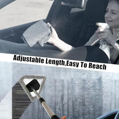 Conliwell Windshield Car Cleaning Tool, 13-16.7-inch Extendable Handle with 180-Degree Rotation and 4 Reusable Microfiber Cloth Heads, Suitable for Cleaning Car Windows Inside and Out (Black)