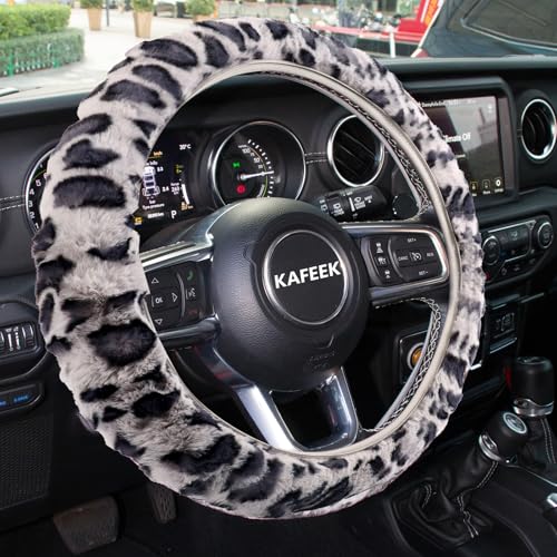 KAFEEK Elastic Long Microfiber Plush Steering Wheel Cover for Winter Warm, Universal 15 inch, Anti-Slip, Odorless, Leopard Gray - color: Leopard