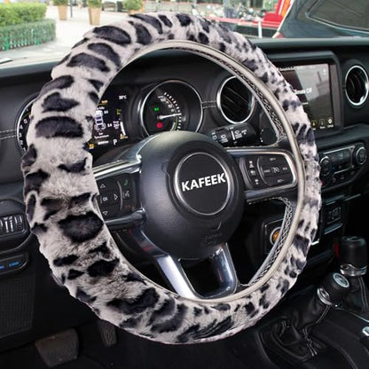 KAFEEK Elastic Long Microfiber Plush Steering Wheel Cover for Winter Warm, Universal 15 inch, Anti-Slip, Odorless, Leopard Gray - color: Leopard