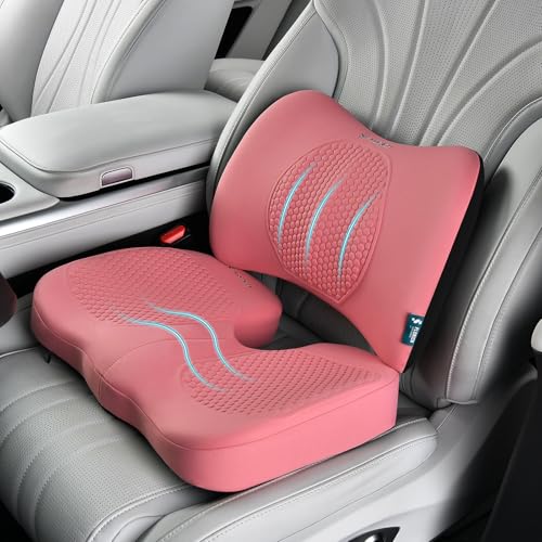 FLORICH Car Seat Cushion and Back Support for Office Chair Memory Foam Chair Cushions Pressure Relief Seat Pads with Gel Massage Point Lumbar Support (Pink) - color: Pink, size: Cushion+lumbar