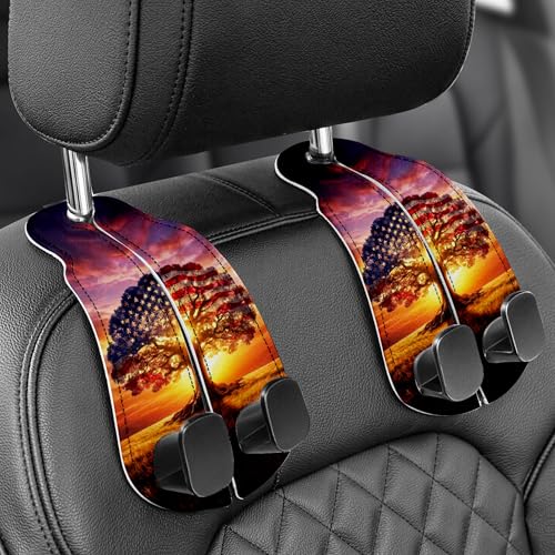 WOCOCN 2 Pack Car Purse Hook for Car Seat Headrest, Double-Sided PrintingPU Leather Purse Holder with Metal Hook, Cute Car Accessories for Women, Men (Car hook - American Flag Tree A) - color: Car hook - American Flag Tree A