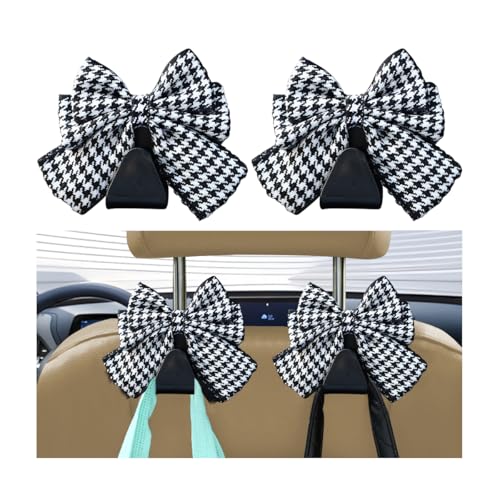 Car Seat Headrest Hook, 2PCS Cute Bow Knot Vehicle Seatback Hanging Storage Organizer, Seat Back Hanger for Purse Coat Umbrella, Universal Automotive Interior Decor Accessories (White/Grid) - color: white