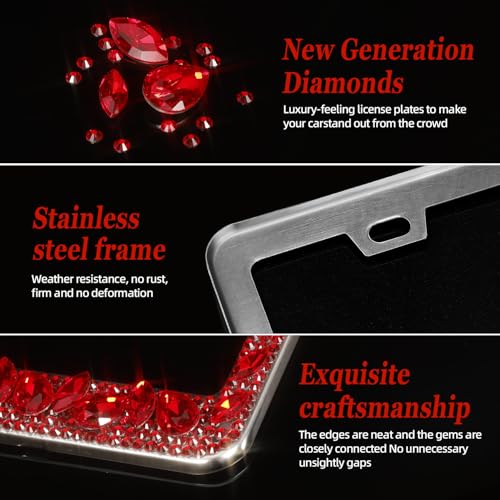 OKLPF Single Luxury Rhinestone License Plate Frame – Elegant Bling with Glitter Crystals, Anti-Theft Screws & Gift Box, Fits Standard US Plates(Red) - color: Red, size: 1pc