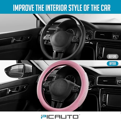 PIC AUTO Steering Wheel Cover, Glitter Gel Particles & Pink Luxury Leather Car Steering Cover, Universal Fit 14.5"-15.5" Anti-Slip Car Wheels Cover for Girls & Women - color: Pink