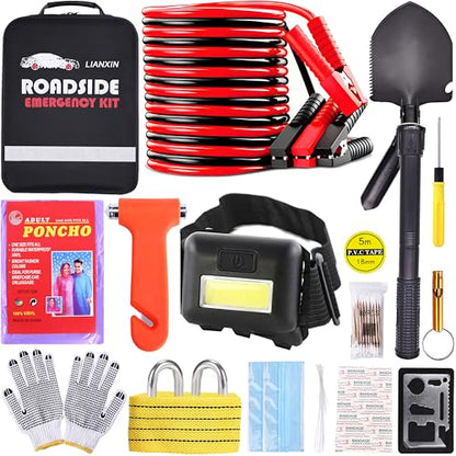 LIANXIN Emergency Car Kit - Premium Roadside Assistance Kit for Cars with Jumper Cables, Headlamp, Folding Shovel & Tow Strap All-in-One Vehicle Safety Kits for Winter, Travel, Survival (Men & Women) - color: Brown