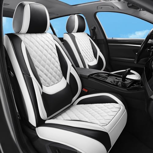Car Seat Covers Full Set, Luxury Leather Waterproof Non-Slip Seat Protector Universal Fit for Most Cars SUVs Trucks Pick-ups,White and Black Car Accessories Interior(Full Set White) - color: Black White-Full Set