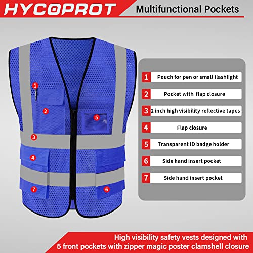 HYCOPROT High Visibility Mesh Safety Reflective Vest with Pockets and Zipper, Meets ANSI/ISEA Standards - color: Blue, size: X-Large