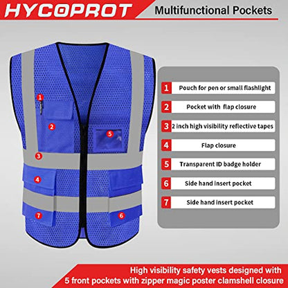 HYCOPROT High Visibility Mesh Safety Reflective Vest with Pockets and Zipper, Meets ANSI/ISEA Standards - color: Blue, size: XX-Large