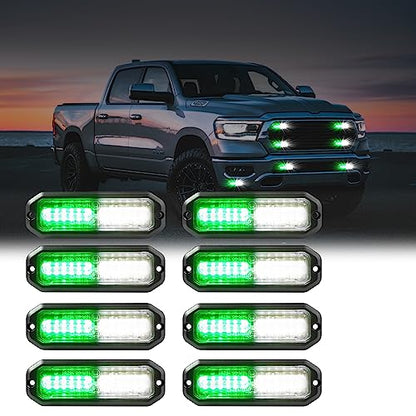 WINECO Green/White 8pcs Ultra Slim LED Emergency Strobe Police Lights, Surface Mount Grill Grille Hazard Safty Warning Flashing Light for Volunteer Trucks Vehicles - color: Green/White