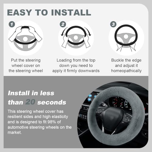 5PCS Fluffy Car Steering Wheel Cover Set, Includes Faux Fur Gear Shift Cover & Handbrake Cover & Steering Wheel Protector & 2 Seat Belt Shoulder Pads, Winter Fuzzy Warm Car Accessories (Grey) - color: Grey