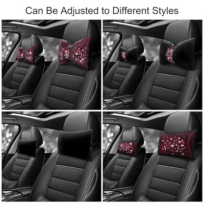surpassme 2PCS Rhinestone Car Headrest Neck Pillow for Driving with Bling Bling Crystal Bow Pillow Car Accessories for Women (Purple) - color: 2 Purple Pillows