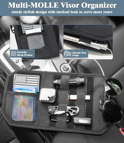 DEEPLITE Car Sun Visor Organizer with Double Zipper Multi-Pockets & Glasses Clip, Semi-Rigid Molle Panel with Patch for Driving Essentials - Heavy Duty Straps Fits Trucks, SUV, Vehicles